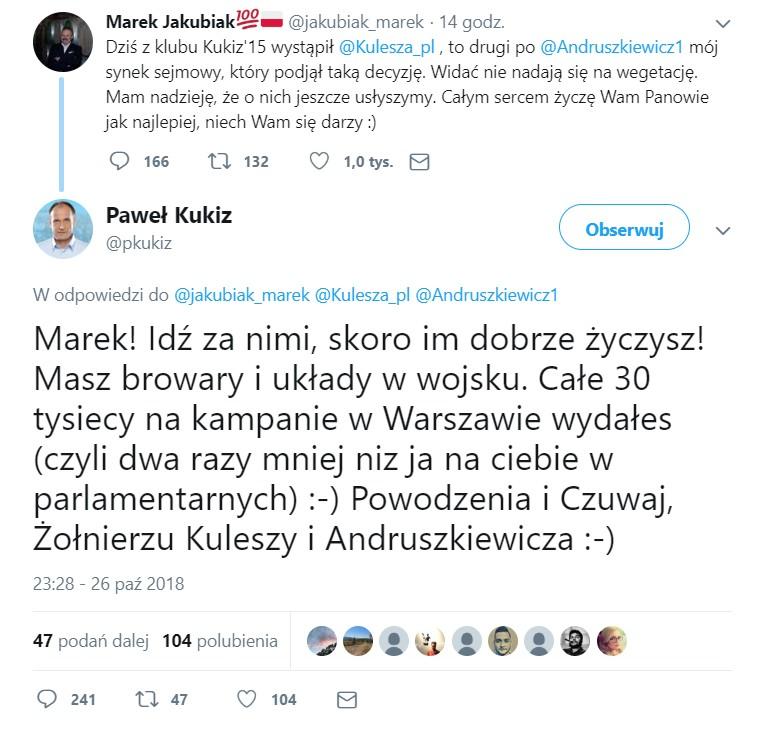 Вы потратили все 30 000 на кампании в Варшаве (в два раза меньше, чем на парламентские) :-) Удачи и следите, солдат Кулеша и Андрушкевич, - писал Кукиз